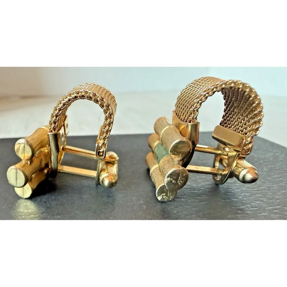 Signed Anson Vintage Gold Tone Mesh Wrap Cufflinks Green Jade Accent Rare
